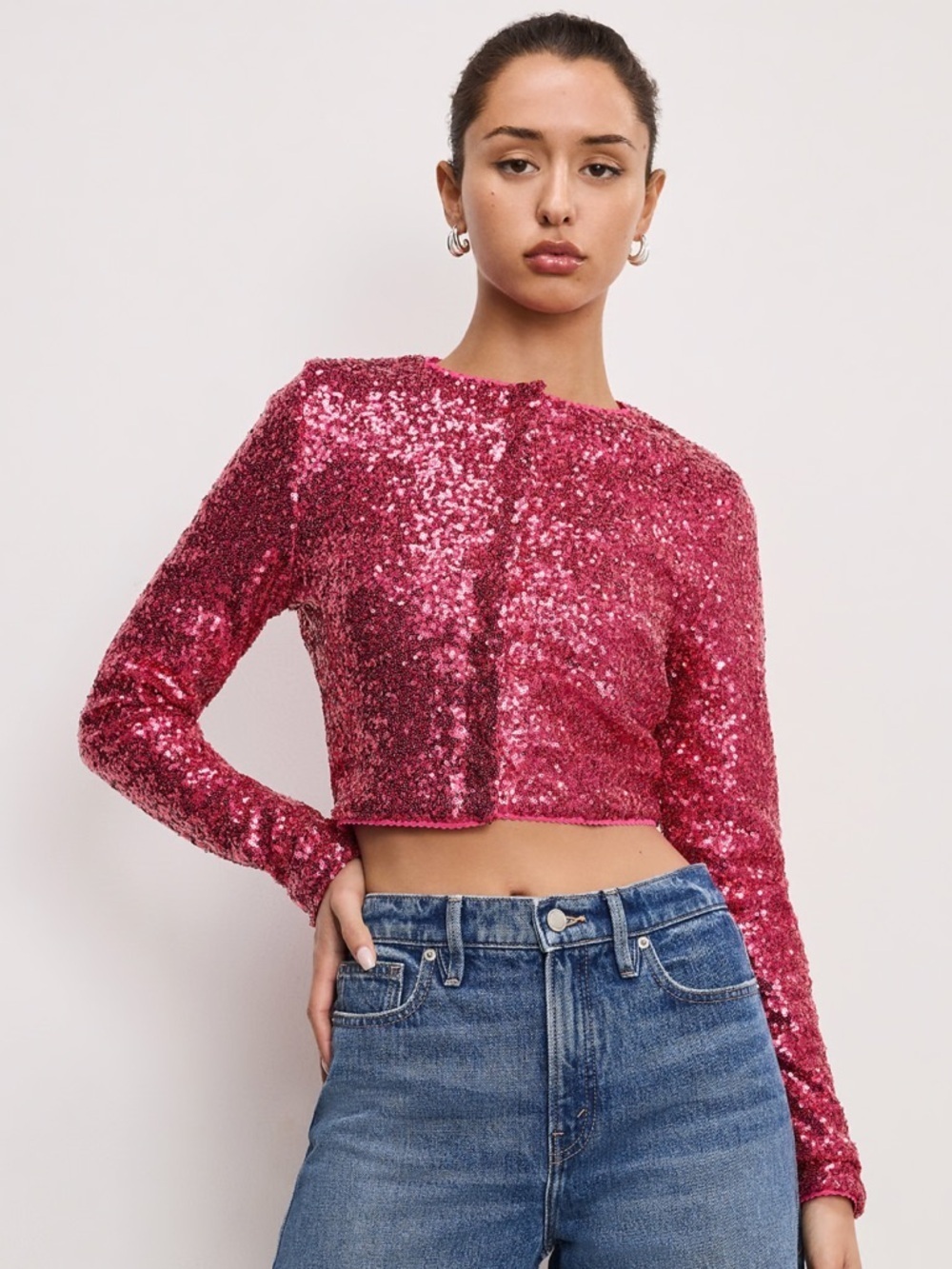 Good American Ballerina Pink Sequin Crop Cardigan Size Small